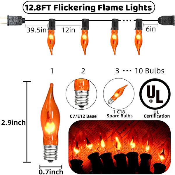 Halloween-lys flimrende flammelyskæde med 12 stk. C7 orange flammepærer (2 reserve), 12,8 fod orange flammelyskæde til indendørs