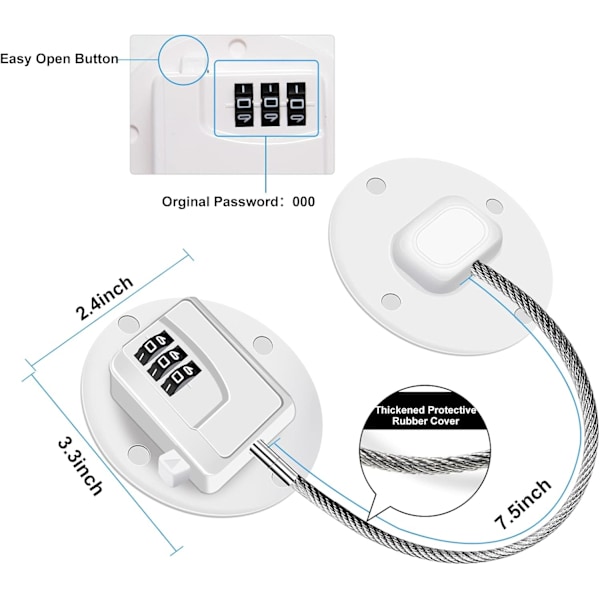 3 Pakker Kjøleskapslås, Heavy Duty 3-sifret Kabellås for Barn, Baby, Sterk Selvklebende Kombinasjonskodet Lås for Dører, Skap, Kjøleskap og