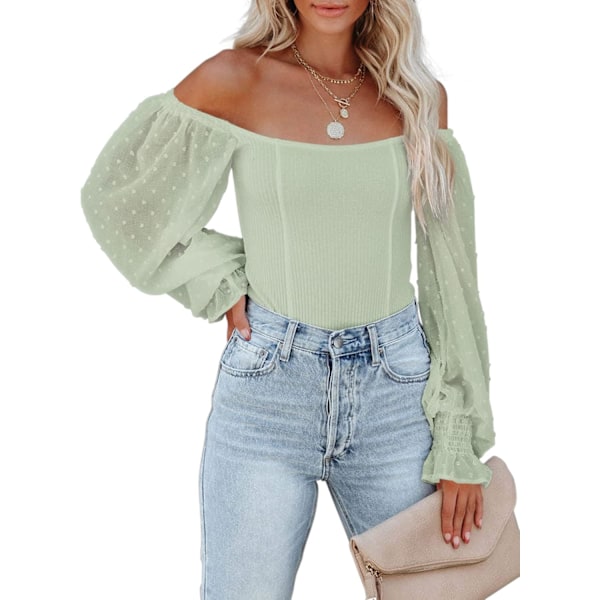 Kvinners Mesh Lang Puff Erme Topp Off Shoulder Square Neck Slim Strikket Ribbet Topper