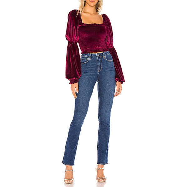 Kvinde Efterår Lang Puff Ærmer Fløjl Strækbar Ruched Crop Tops Bluser