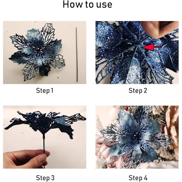 12 st 6,3 tum Glitter Julblommor Färgglada Blå Julstjärna