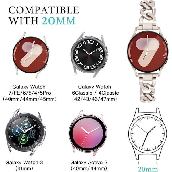 Galaxy Watch 7 6 5 4 FE Band 20mm Watch Band för   Watch 4 5 6 7 FE Bands 40mm 44mm, Dam Metallband för Watch 6 Classic/Watch 5 Pro/Watch 4