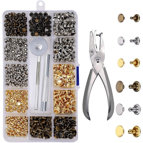 Leather Rivets 180 Set - Double Cap Rivet Tubular Metal Studs with Tools and 3 Colors