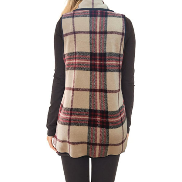 Kvinnor Väst Krage Öppen Fram Buffalo Plaid Ärmlös Kavaj Jacka Kappa med