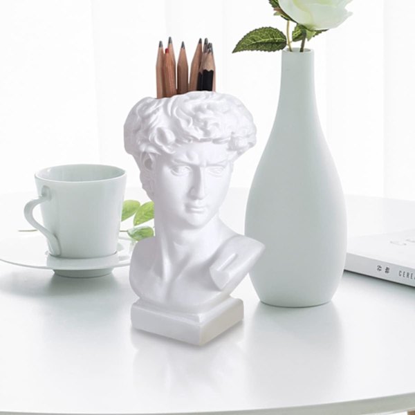 Skrivebordsdekorasjon Blyantholder Miniblomsterpotter David-skulptur i hvitt David-skulptur David- byste Statue Harpiksstasjonærholder Holder Harpiks Sminke Hvit