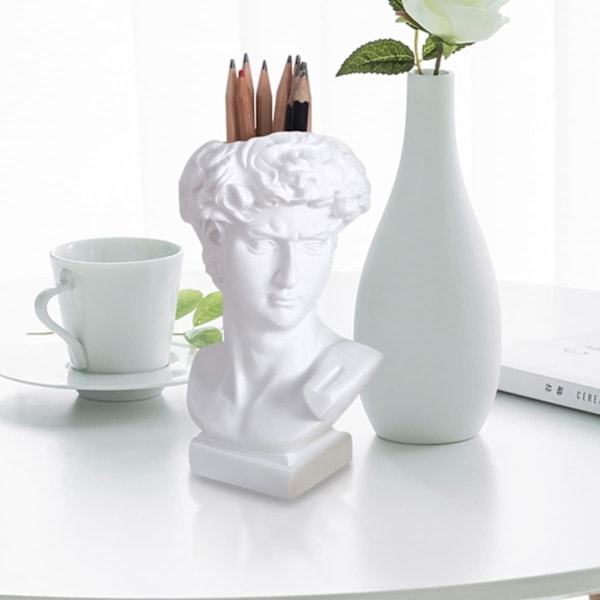 Skrivebordsdekoration Blyantholder Mini Blomsterkrukker David Skulptur I Hvid David Skulptur David Buste Statue Harpiks Stationærholder Holder Harpiks Makeup Hvid