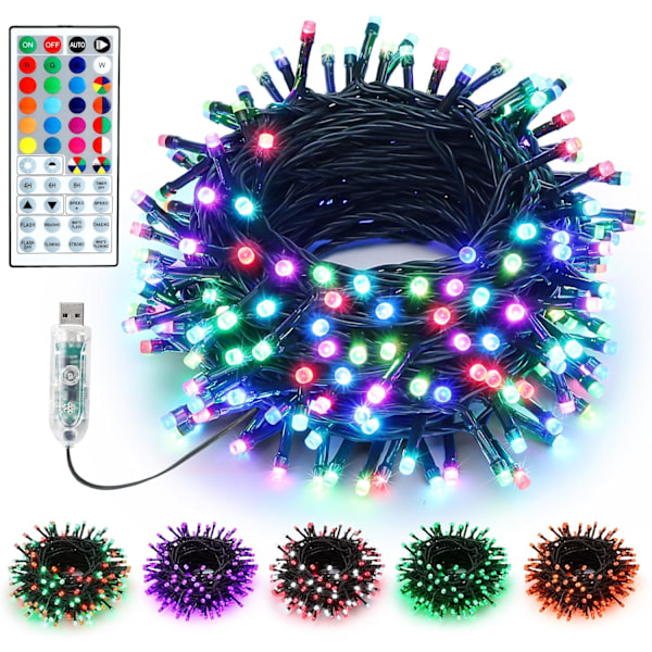 USB Juletræslys, 33ft 100 LED Julelys Farveskiftende med Fjernbetjening, RGB Multifarvede Fe-lys, Udendørs Indendørs Blink