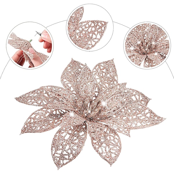 24 stk Glitter Poinsettia Julepynt Juleblomster Dekor