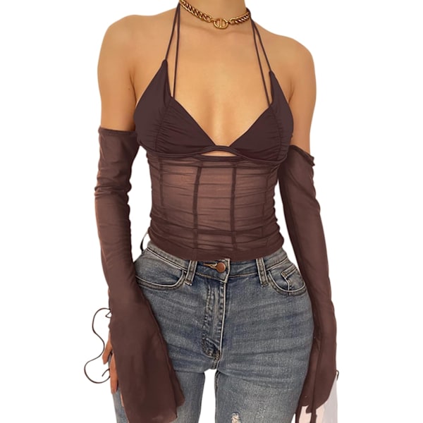 Kvinners Sexy Mesh Patchwork Langærmet Halter Crop Cami Top Ryggløs Selvbinding