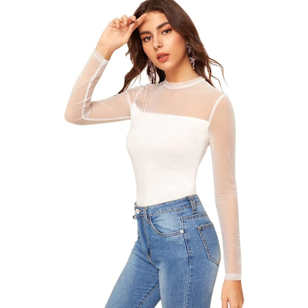 Elegant bluse med høy hals, lange ermer og mesh-innlegg for kvinner