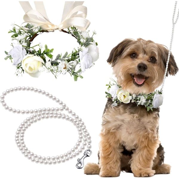 2 stk Hund Blomster Halsbånd Bryllup og Båndsett Perler for Hunder 120 cm 4 ft Perler Perlet Hundebånd Hund Halsbånd Sløyfer for Bryllup Justerbar for som