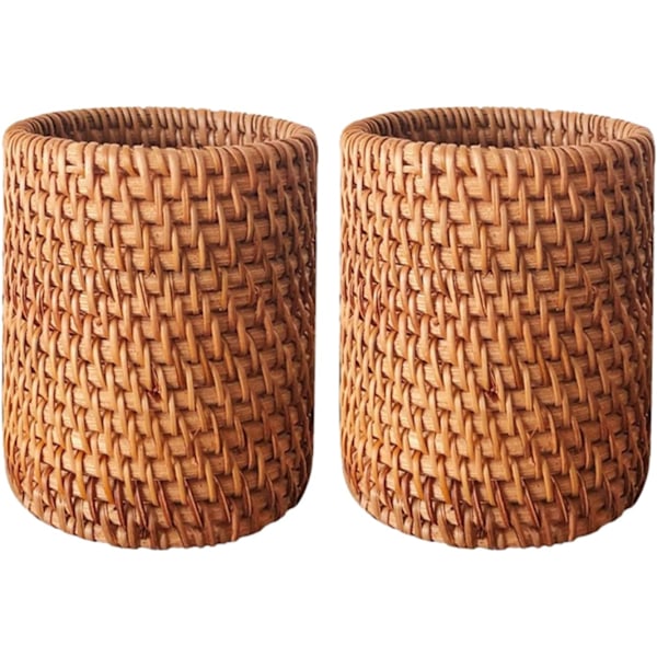 2 st Rattan pennhållare, skrivbordsorganisatör pennhållare sminkborsthållare cylinderform multifunktionell förvaringsbehållare för brun