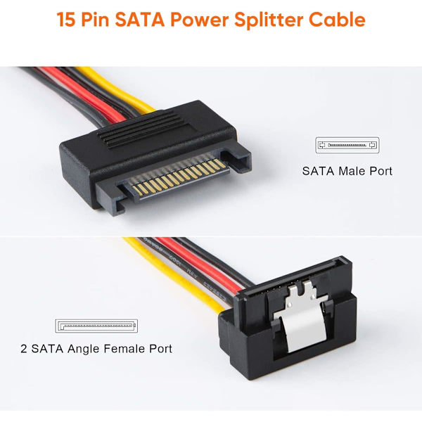 Sata-strømkabel 6\" Sata 15-pin hann til 2 Sata 15-pin
