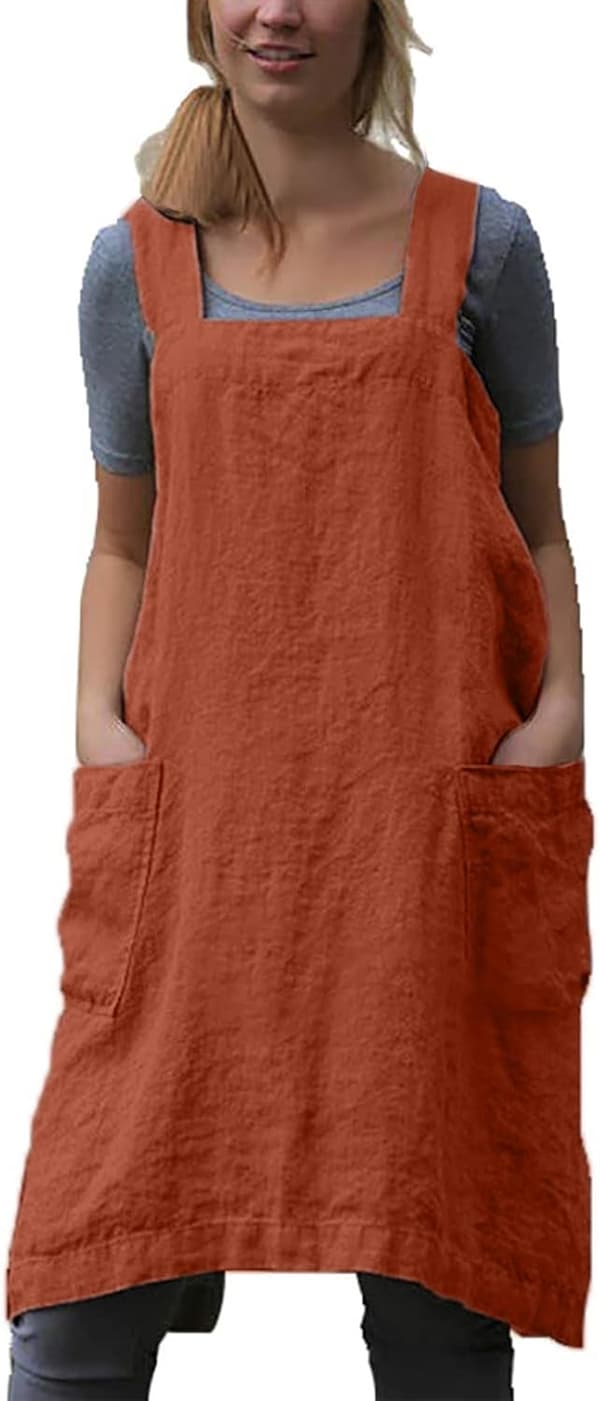 JamY Home Bomull Lin Forkle for kvinner Kryssrygg Forkle Kjole for Baking Matlaging Hagearbeid Oransje Medium