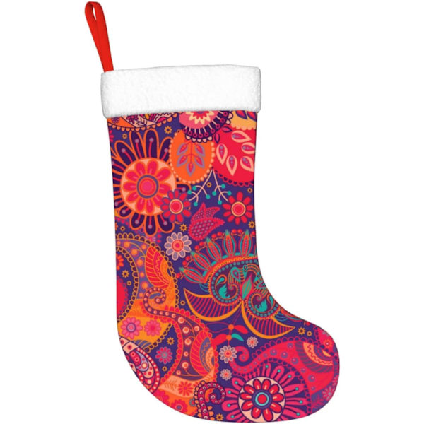 Etniska Tribal Classics Blommiga Julstrumpor Sammet Julstrumpor med Vit Super Mjuk Plysch Manschett Klassisk Jultomte Strumpa Hängande Ornament