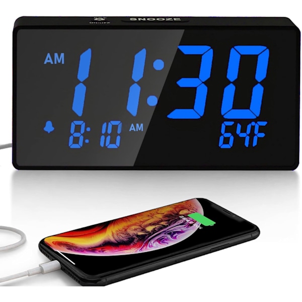Skrivebords digital alarmklokke for soverom, blå 6\" LED-skjerm, med USB-port for lading, 000 % lysstyrke dimmer, temperatur, slumre, justerbar