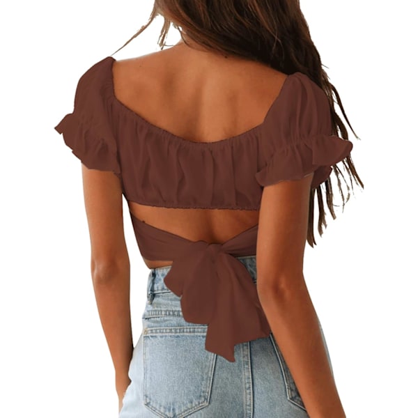 Kvinnors volang med kort ärm. Knyt ihop rygg Crop Top Off Shoulder Bardot