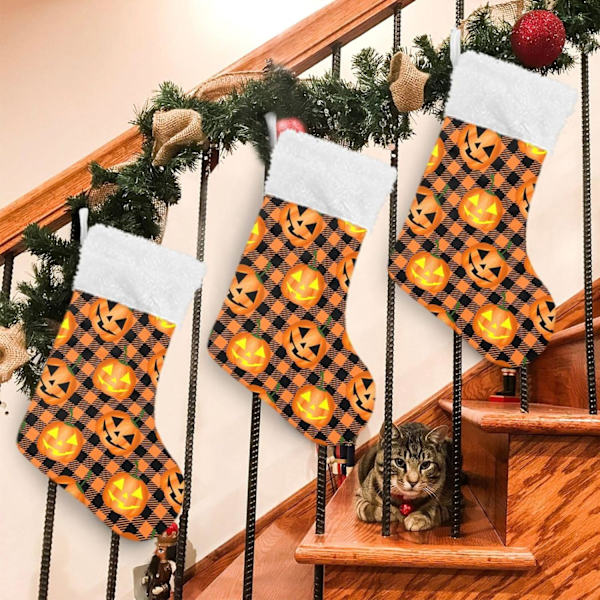Jule-Strømpe, Personlige Jule-Strømper 2-pak Halloween Græskar Orange Buffalo Plaid 45,7 cm Jule-Strømper Hængende Ornament Pejs
