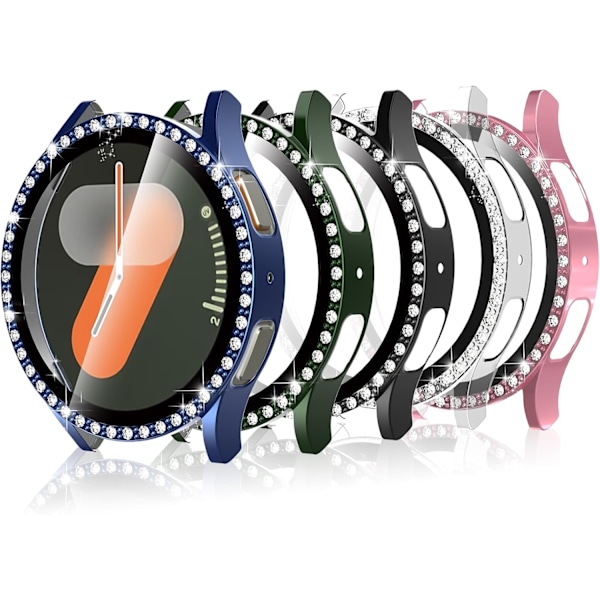 5-pack Skärmskyddsfodral Kompatibelt med Galaxy Watch 7 44mm, Bling Kristall HD Hårt PC Ultratunt Kristall Stötfångarfodral (Transparent, Svart, Rosa Pin)