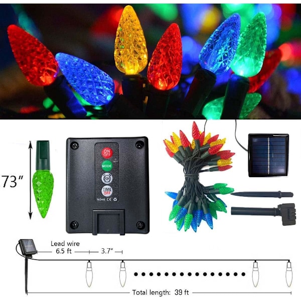 Solcelledrevne julelys, 50 LED 8 moduser C6 jordbær flerfargede lysstrenger, vanntette, oppladbare utendørs hagefe-lys for