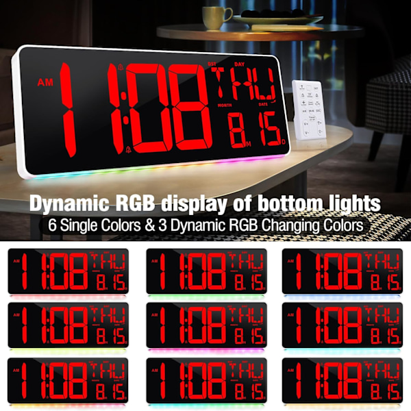 Stor digital väggklocka med fjärrkontroll, LED-väggklocka med 9-färgad nattlampa, digital väggklocka med stor display, dubbel alarm, digital röd