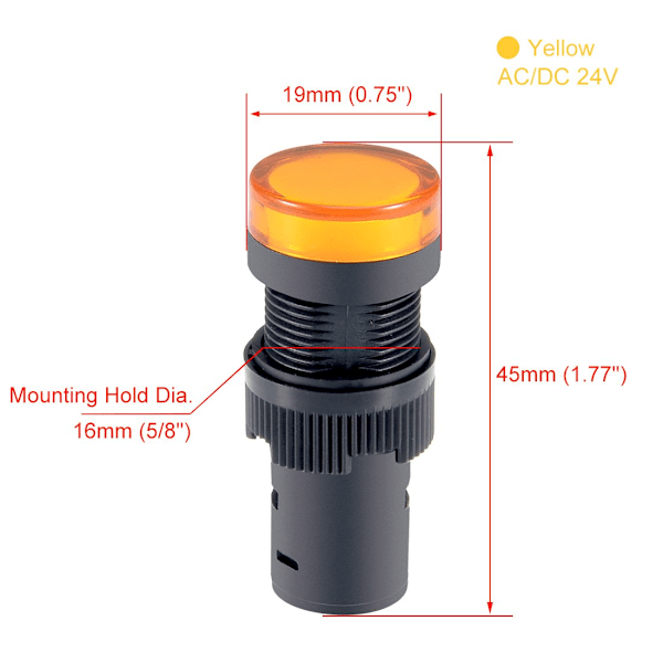3st Gult Indikeringslys AC/DC 24V. 16 mm panelmontering