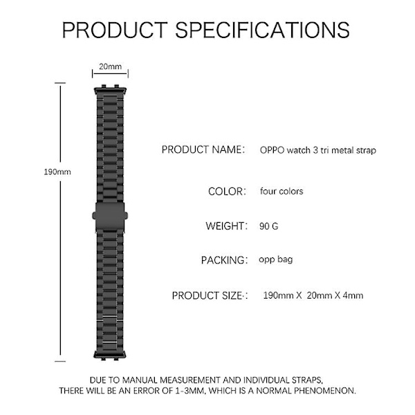 För Oppo Watch 3 Tre-pärls platt spänne rostfritt stål klockarmband EZX Gold