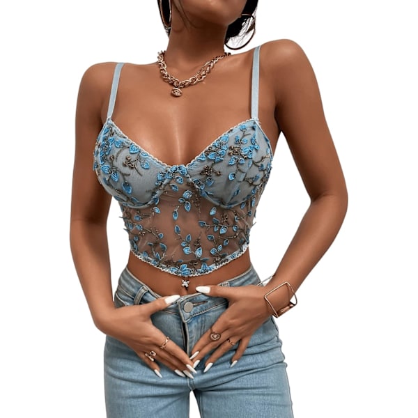 Kvinnors genomskinliga spets crop top stretch spaghetti rem crop