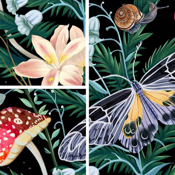 Fjärils- och blomtapet för sovrum (svart, 36'' × 48'')