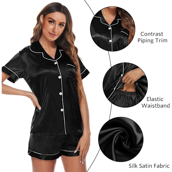 Sidenpyjamas Kortärmad Pyjamas för Kvinnor Satin Nattkläder Knapp-Ner Pj Set