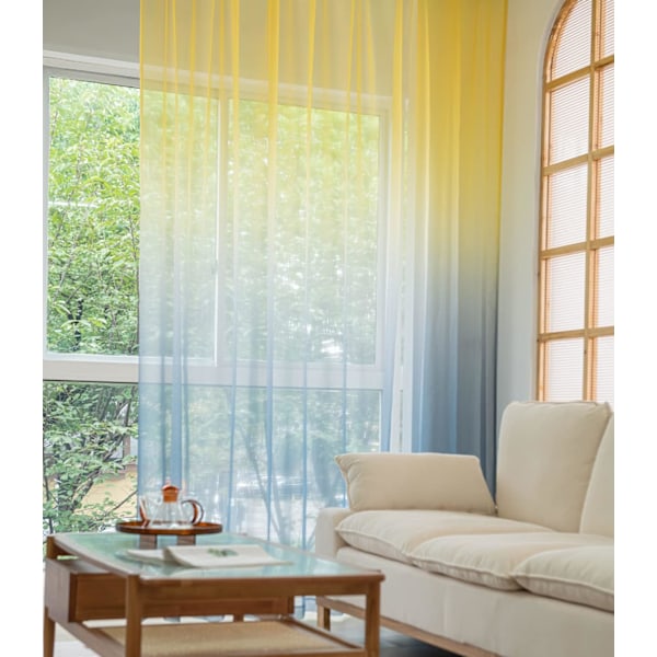 Gradient Gennemsigtige Gardiner - 213 cm L x 132 cm B (Sæt med 2) - 15 Farver og 16 Størrelser Gardiner med Stænger til Soveværelse/Stue Grå Gul