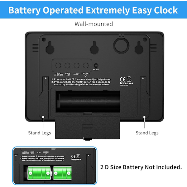 Alarmklokke, skrivebord med temperatur, fuktighet, veggklokke, batteridrevet, automatisk dimming, 12/24 timer, for skrivebord, veggmontert, klokke for dyp svart