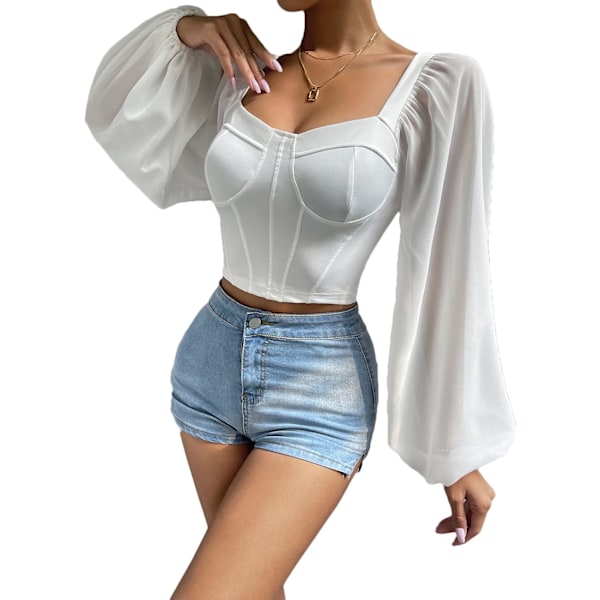 Kvinners off Shoulder Sheer Sleeve Korsett Top Dragkedja tillbaka