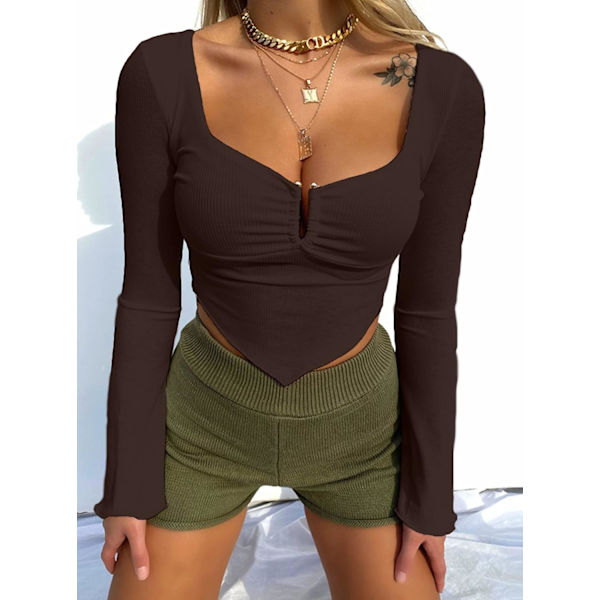 Kvinnors långärmad stickad ribbad crop top rynkad framtill fyrkantig hals asymmetrisk