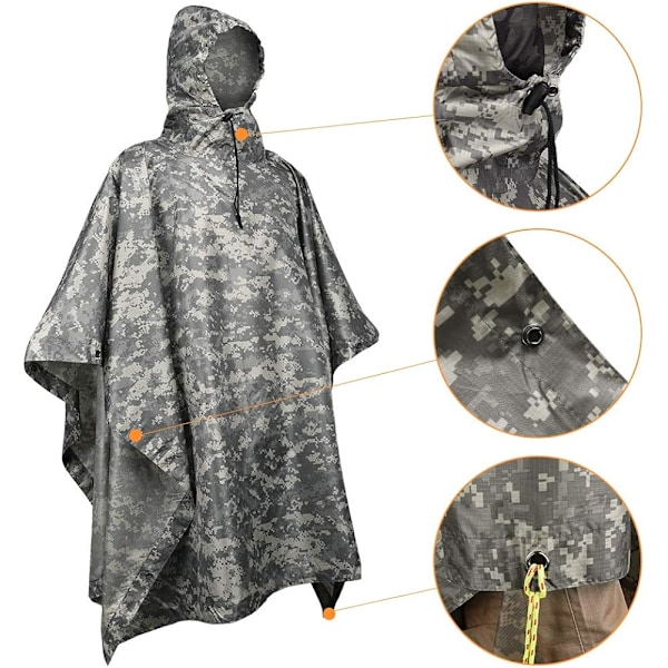 Hette Regn Poncho. Camo Militær Nødregnfrakk for Voksne Menn og Kvinner