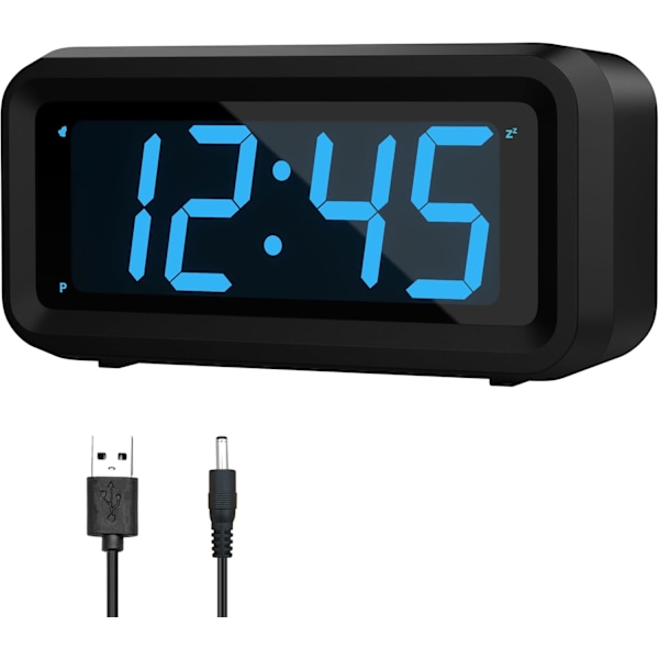 Väckarklocka, sladdansluten/batteridriven, uppgraderad större knapp, 1,2-tums LED-siffervisning, justerbar LED-ljusstyrka, 12H/24H, blå LED-display