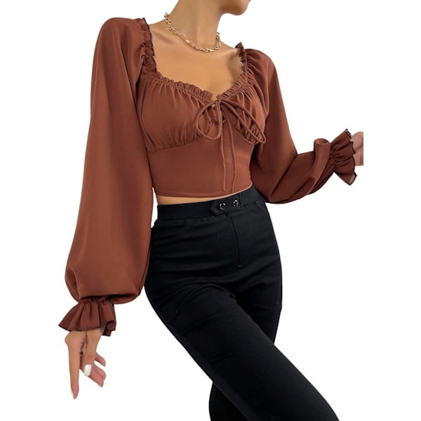 Kvinnors långärmad volang trimmad crop top rynkad volang blus