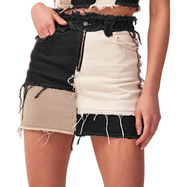 Womens Fashion Mid-Rise Color Blocking Patchwork Ripped Stretch Denim
