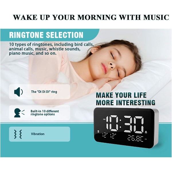 Digital Timer Alarmklocka, Stor Visuell Köksnedräkningstimer, Snooze Vibrations- och Hög Musiklarm, Sovrum Kalender Temperaturdisplay, Vit