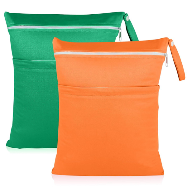 Vattentät Våt & Torr Väska - Dubbla Dragkedjefickor för Baddräkter, Blöjor & Träningskläder | Återanvändbar & Tvättbar (Grön + Orange 2-pack)