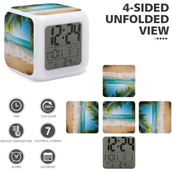 LED-väckarklocka, Ocean Sea Beach Palm Leaves Print Multicolor Väckarklocka Geometrisk Väckarklocka Sovrumsväckarklocka Tyst Väckarklocka Vit