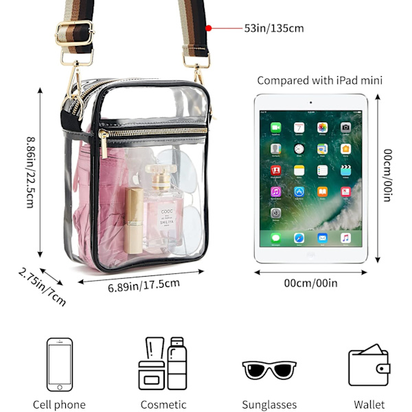 Genomskinlig Crossbody-väska godkänd, justerbar axelrem
