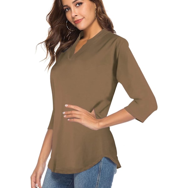 Dame 3/4 ærme V-hals toppe casual tunika bluse løs skjorte