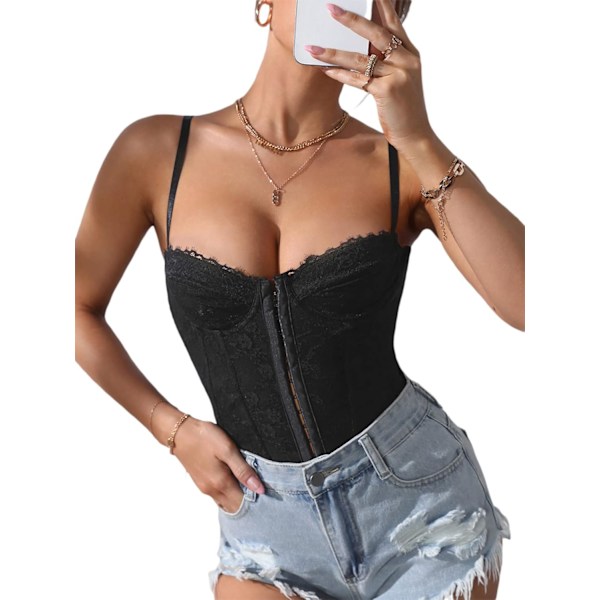 Kvinnors spetsbustier korsett topp spaghettiband kors korsad crop cami topp