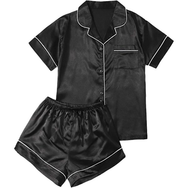 Kvindernes Kortærmede Satin Nattøj Knap Ned Skjorte & Shorts