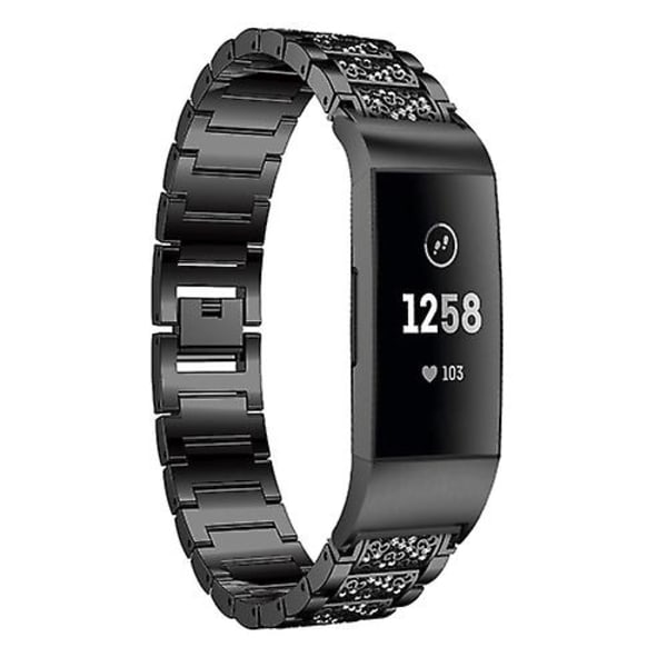 Diamantbesat Solid Rustfrit Stål Urrem Til Fitbit Charge 3 SYW Black