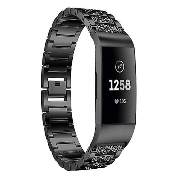 Klokkebånd i solid rustfritt stål med diamanter for Fitbit Charge 3 SYW Black