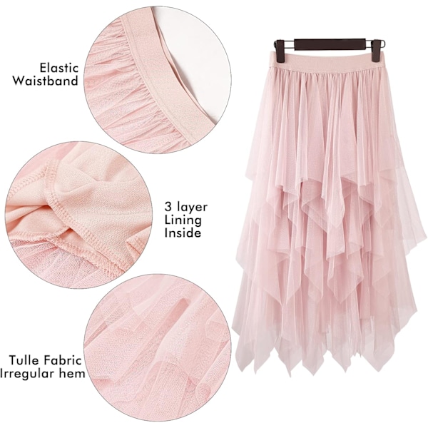 Tyllkjolar för kvinnor Mesh Tiered Layered Tutu Kjolar, Hög Låg Elastisk Midja