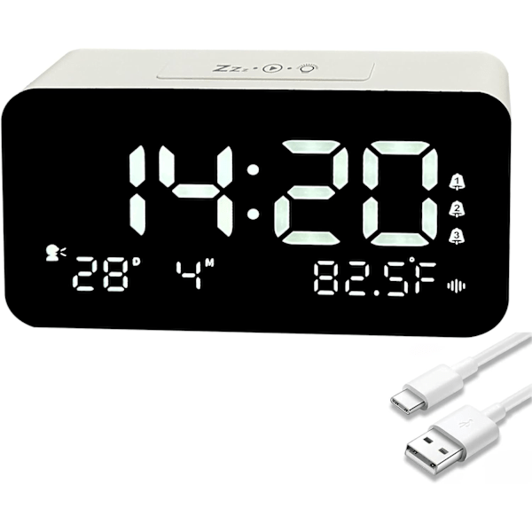 Digital Timer Alarmklocka, Stor Visuell Köksnedräkningstimer, Snooze Vibrations- och Hög Musiklarm, Sovrum Kalender Temperaturdisplay, Vit