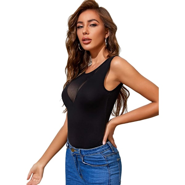 Kvinners gjennomsiktig kontrast mesh ermeløs slim fit halter topp